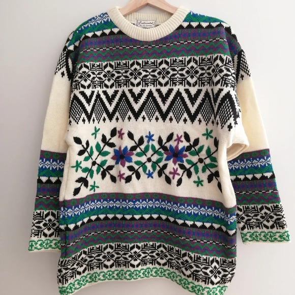 Vintage Embroidered Chunky Knit Sweater Norway Grandma Geometric Floral Medium - Picture 3 of 17
